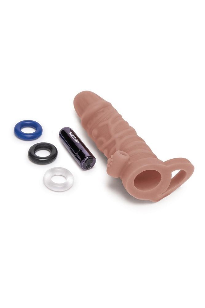 Насадка на пенис с вибропулей и 3 кольцами Size-Up реалистичная, 15 см
