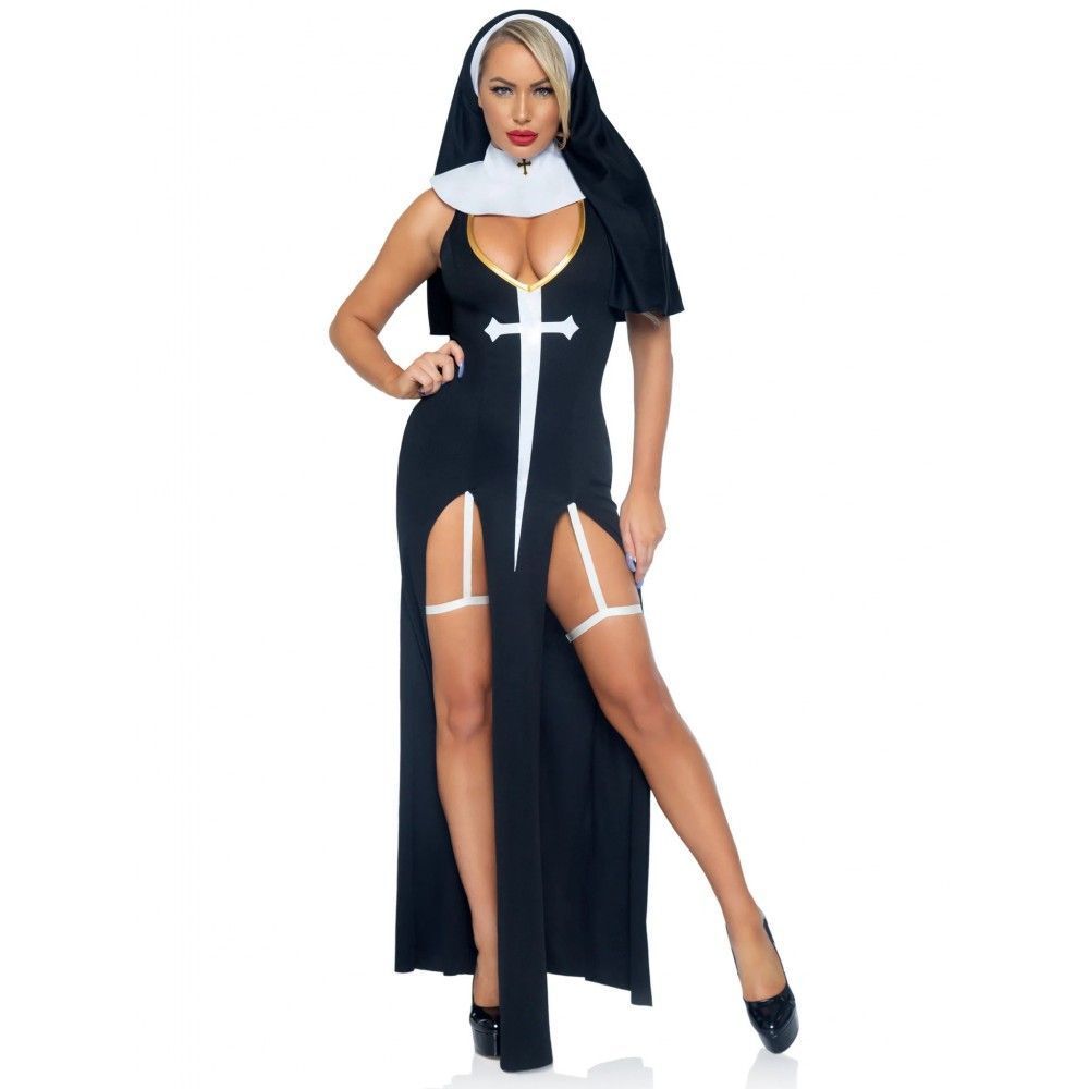 Костюм черниці Leg Avenue, М, Sultry Sinner 3 предмети, чорний з білим