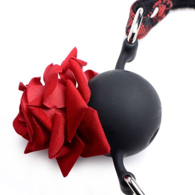 Кляп силіконовий з трояндою Master Series, чорний, червоний