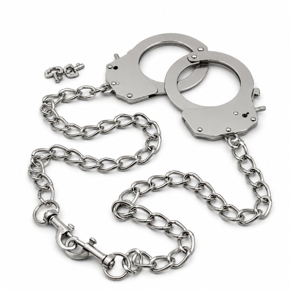Наручники металеві DS Fetish з подовженим ланцюгом на карабінах, срібні