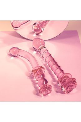 Изогнутый стеклянный розовый фаллоимитатор для точки G Dream Toys Glaze Glass с бутоном