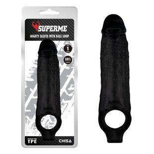 Насадка на член Chisa SuperMe Mighty Sleeve With Ball Loop с кольцом на мошонку, черная