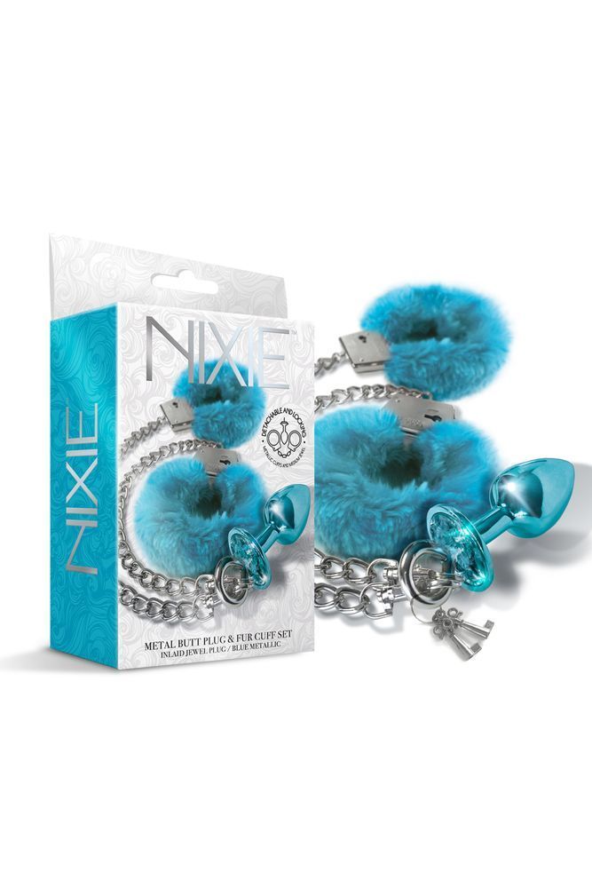 Набор Global Novelties NIXIE METAL BUTT PLUG & FURRY HANDCUFF SET, MEDIUM,&nbsp;BLUE METALLIC
